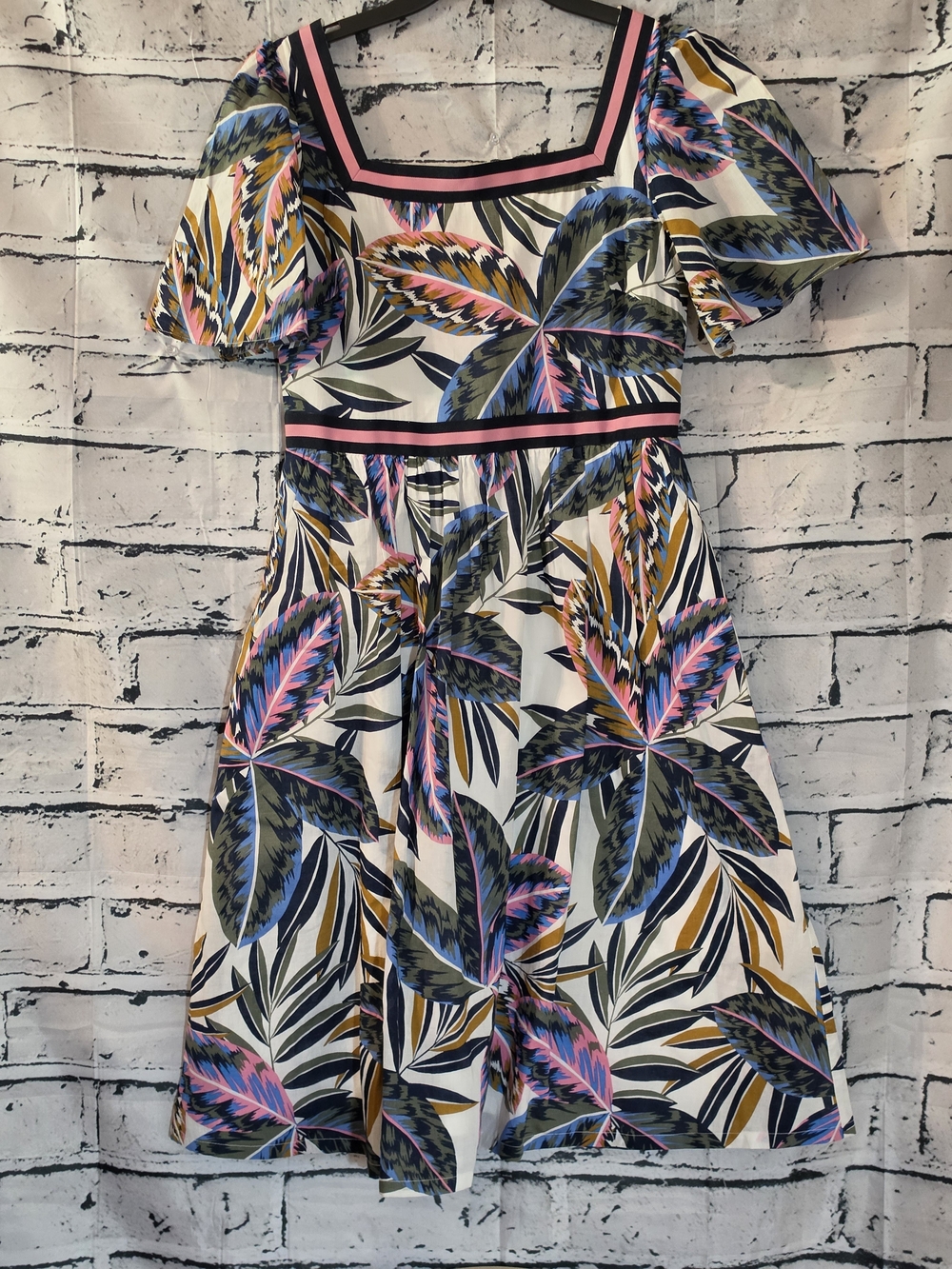 Boden Tropical Leaf Square-Neck Midi Dress - White with Blue, Pink & Gold